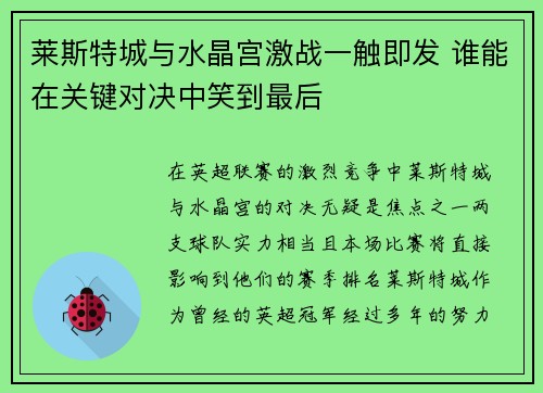 莱斯特城与水晶宫激战一触即发 谁能在关键对决中笑到最后
